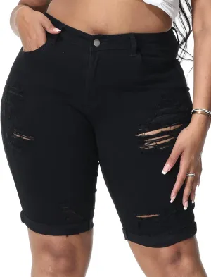 Womens Plus Size Jean Shorts High Waisted Stretchy Midi Bermuda Denim Shorts