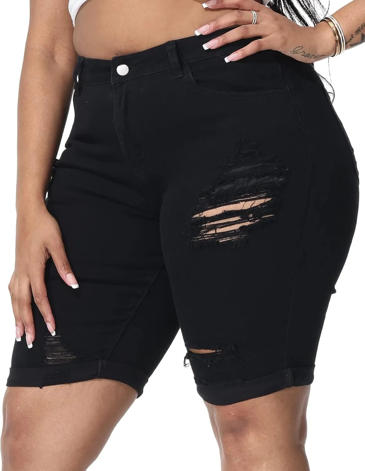 Womens Plus Size Jean Shorts High Waisted Stretchy Midi Bermuda Denim Shorts