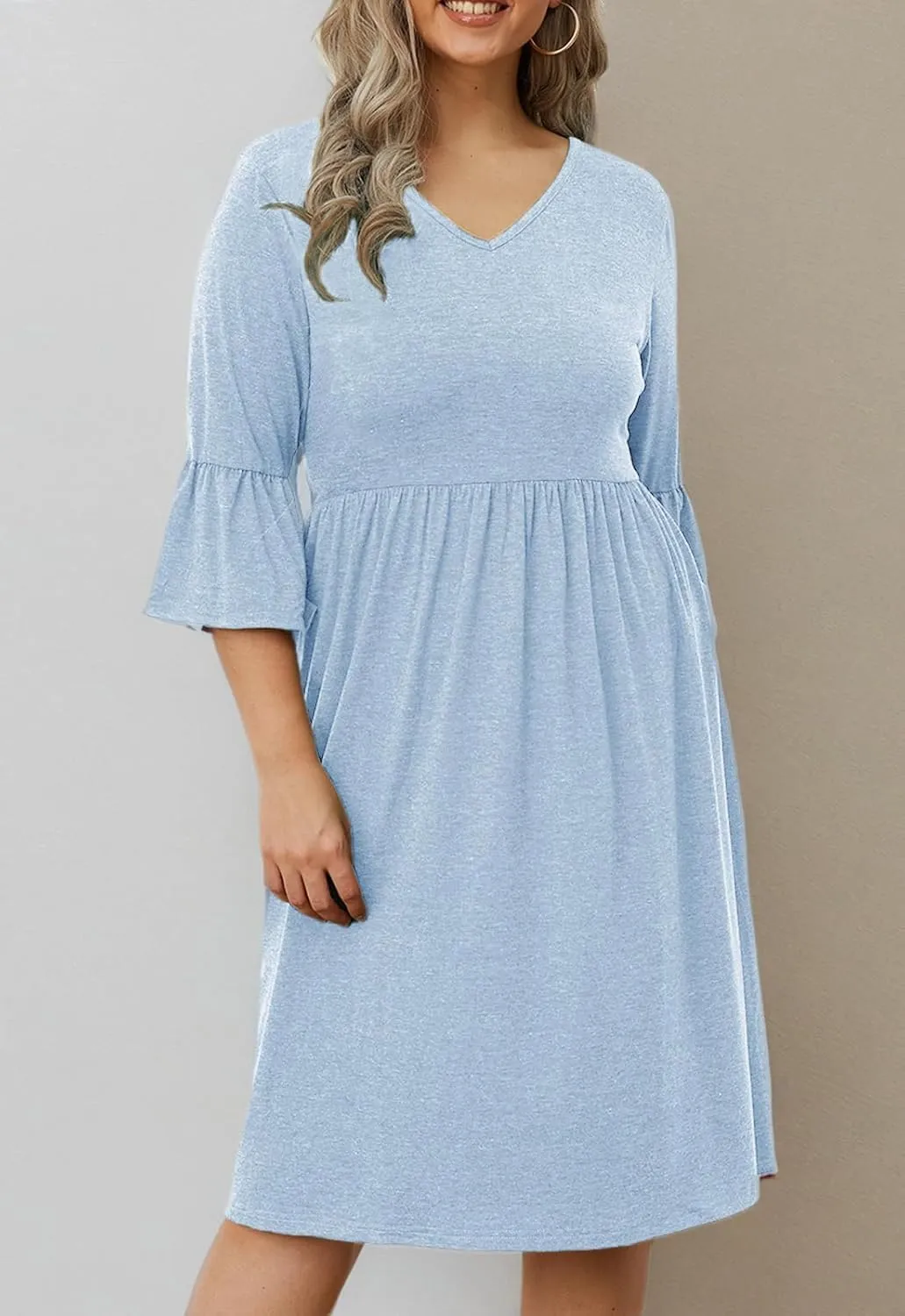 Women's Plus Size V Neck Dress 3/4 Sleeve Casual Empire Waist Ruffled Swing Midi Dress XL-5XL