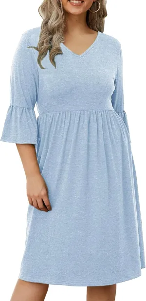 Women's Plus Size V Neck Dress 3/4 Sleeve Casual Empire Waist Ruffled Swing Midi Dress XL-5XL