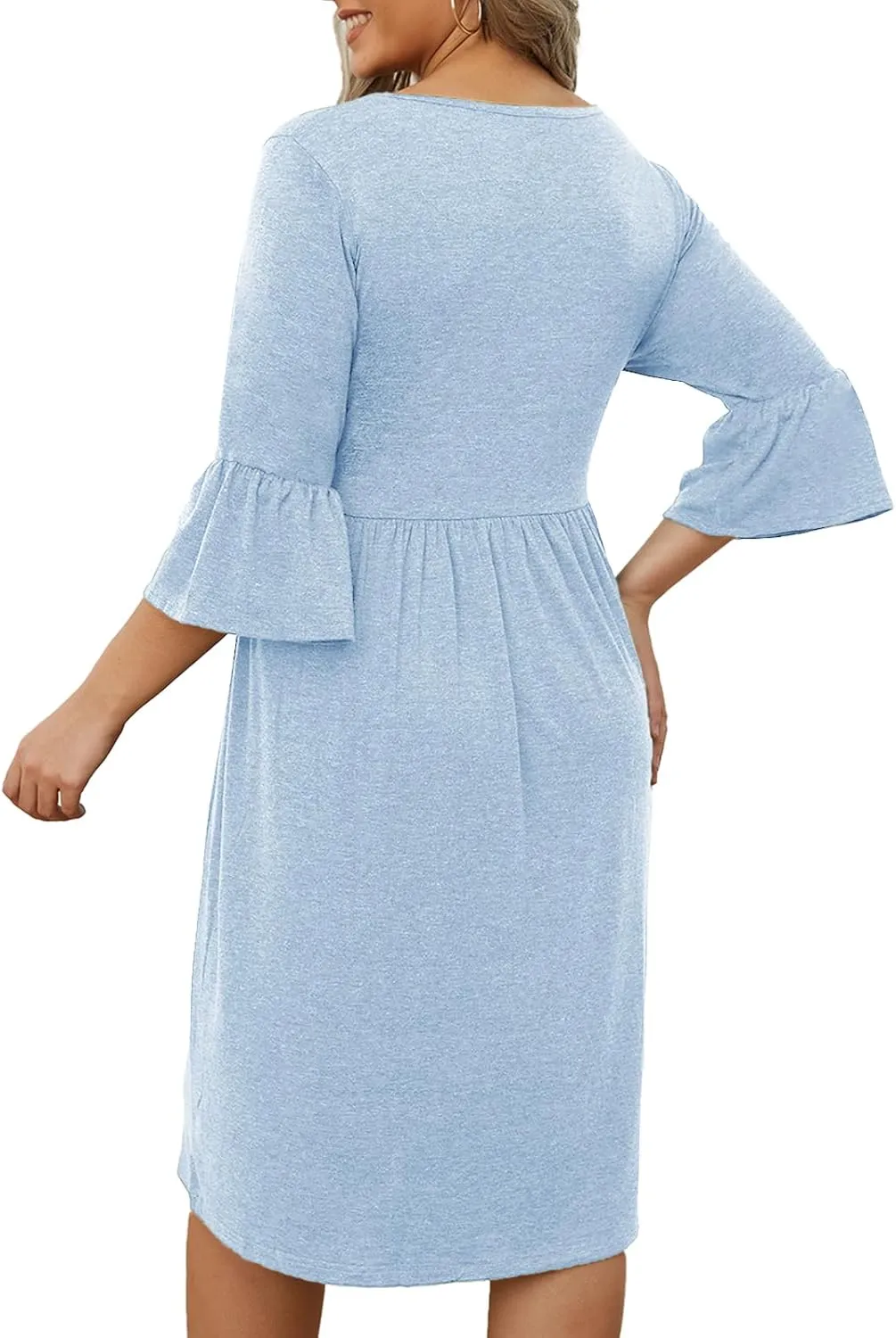 Women's Plus Size V Neck Dress 3/4 Sleeve Casual Empire Waist Ruffled Swing Midi Dress XL-5XL