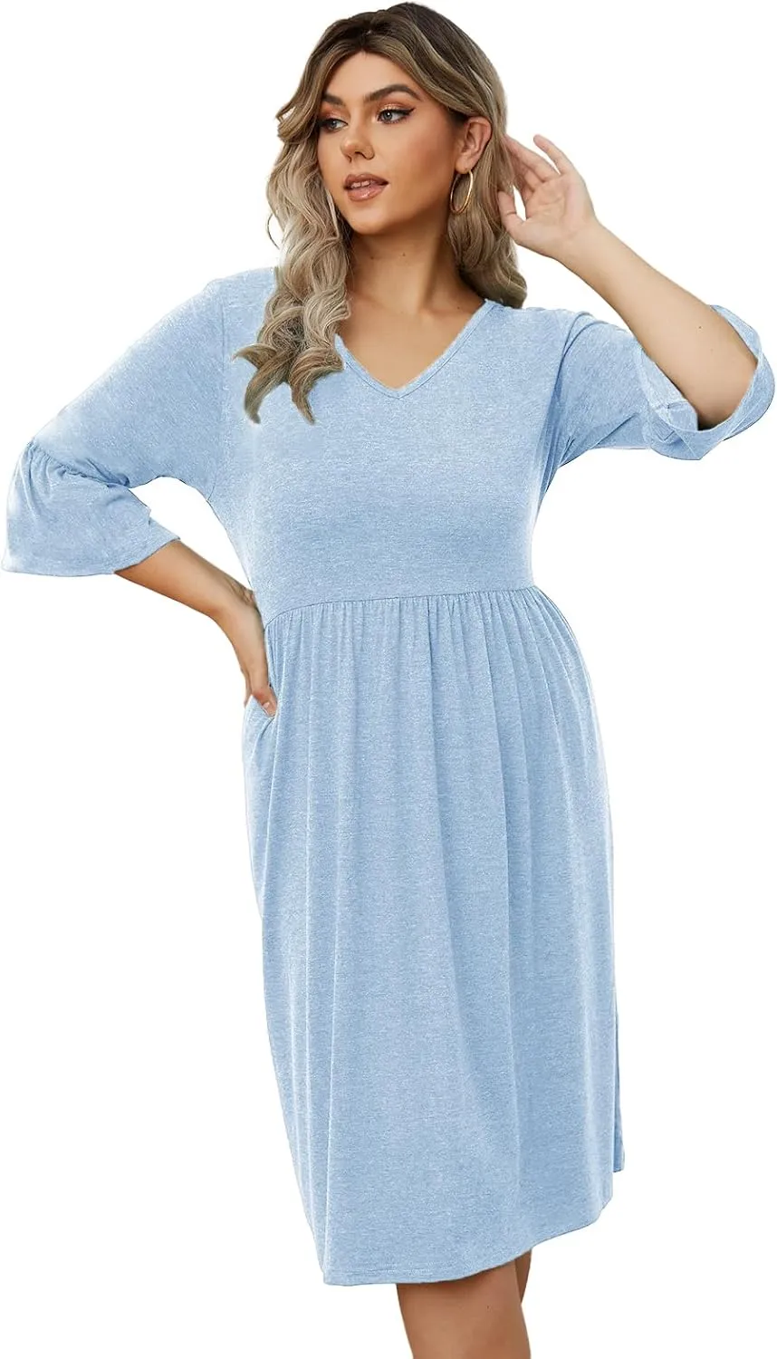 Women's Plus Size V Neck Dress 3/4 Sleeve Casual Empire Waist Ruffled Swing Midi Dress XL-5XL