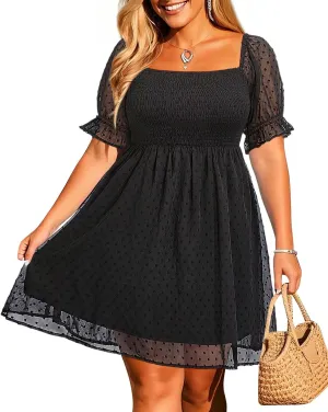 Women's Puff Sleeve Square Neck Mini Summer Sundress Chiffon Swiss Dot Flowy Smocked Dress