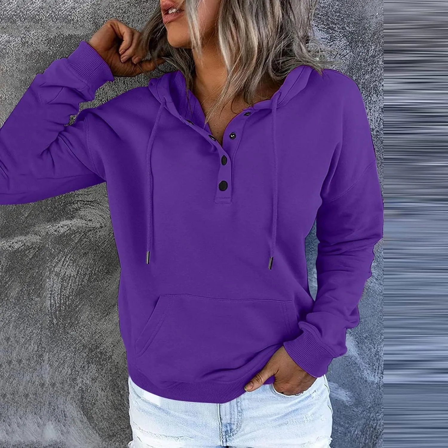 Women's Pullover Hoodies Tops Casual Button Down Long Sleeve Hooded Sweatshirts With Kangaroo Pocket Trendy 2023