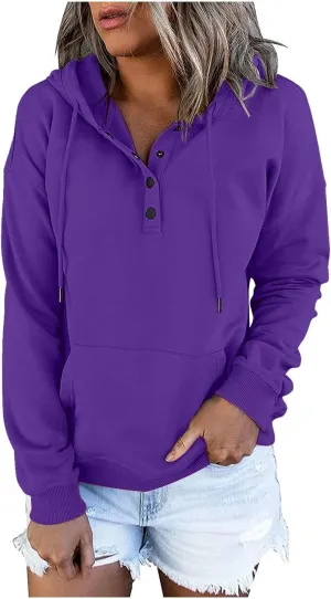 Women's Pullover Hoodies Tops Casual Button Down Long Sleeve Hooded Sweatshirts With Kangaroo Pocket Trendy 2023