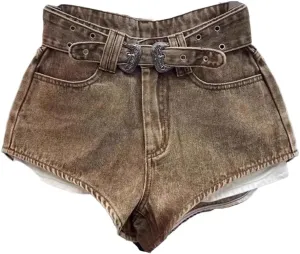 Women's Retro Brown Shorts High Waist Personalized Wide Leg Hot Pants Shorts