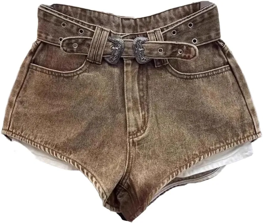 Women's Retro Brown Shorts High Waist Personalized Wide Leg Hot Pants Shorts