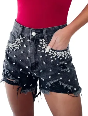 Women's Rhinestone Denim Shorts Summer High Waist Frayed Raw Hem Jeans Shorts