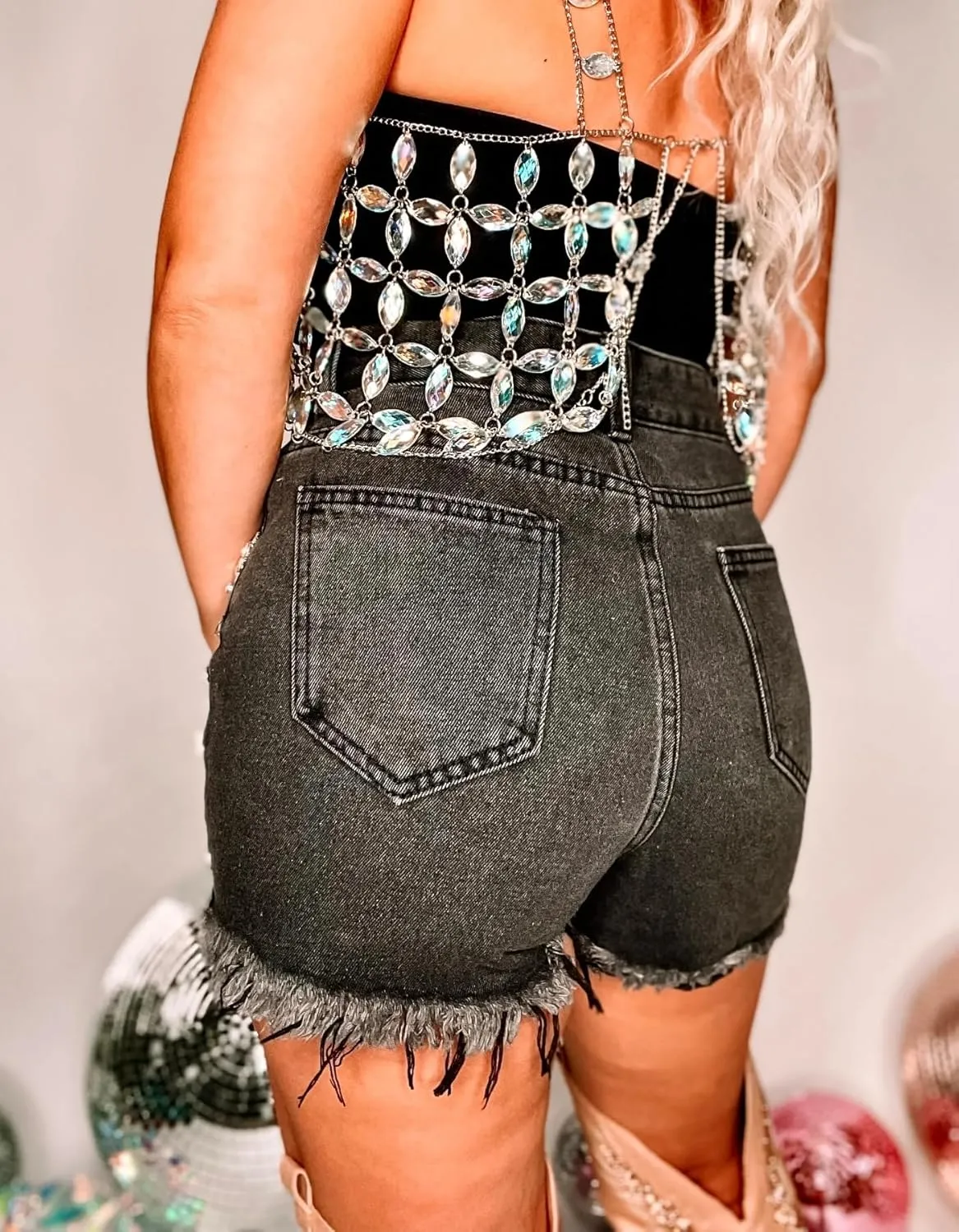 Women's Rhinestone Denim Shorts Summer High Waist Frayed Raw Hem Jeans Shorts