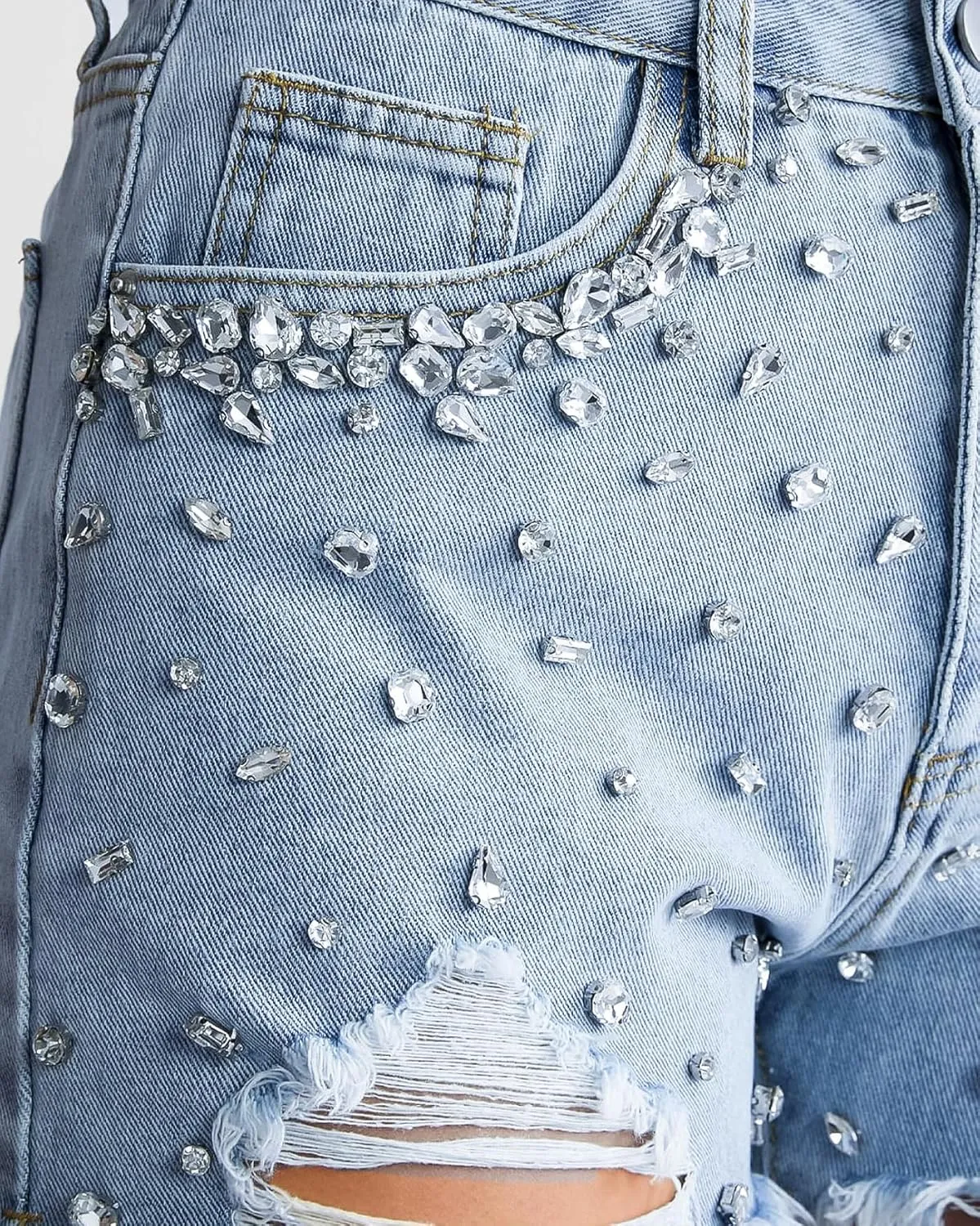 Women's Rhinestone Denim Shorts Summer High Waist Frayed Raw Hem Jeans Shorts