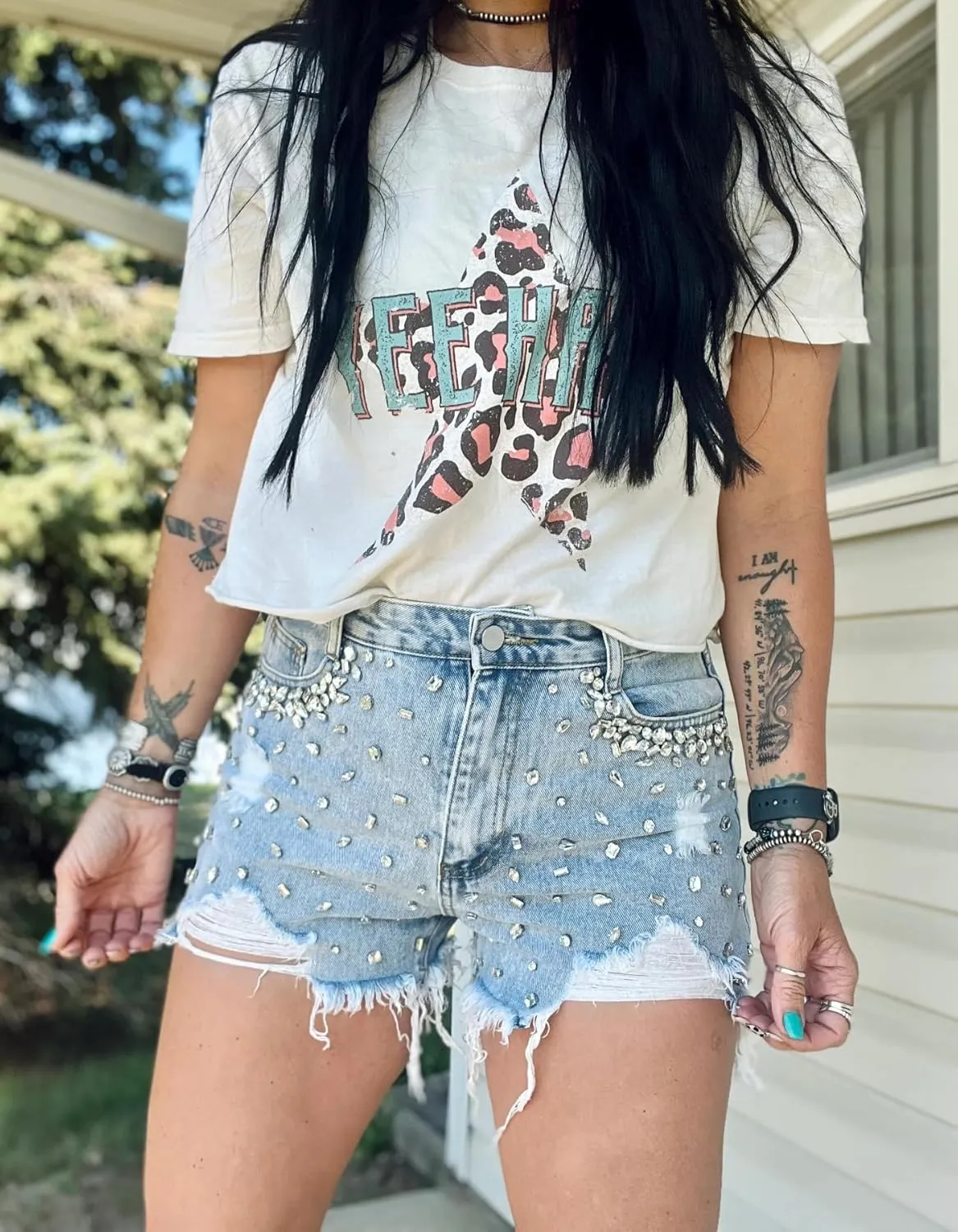 Women's Rhinestone Denim Shorts Summer High Waist Frayed Raw Hem Jeans Shorts