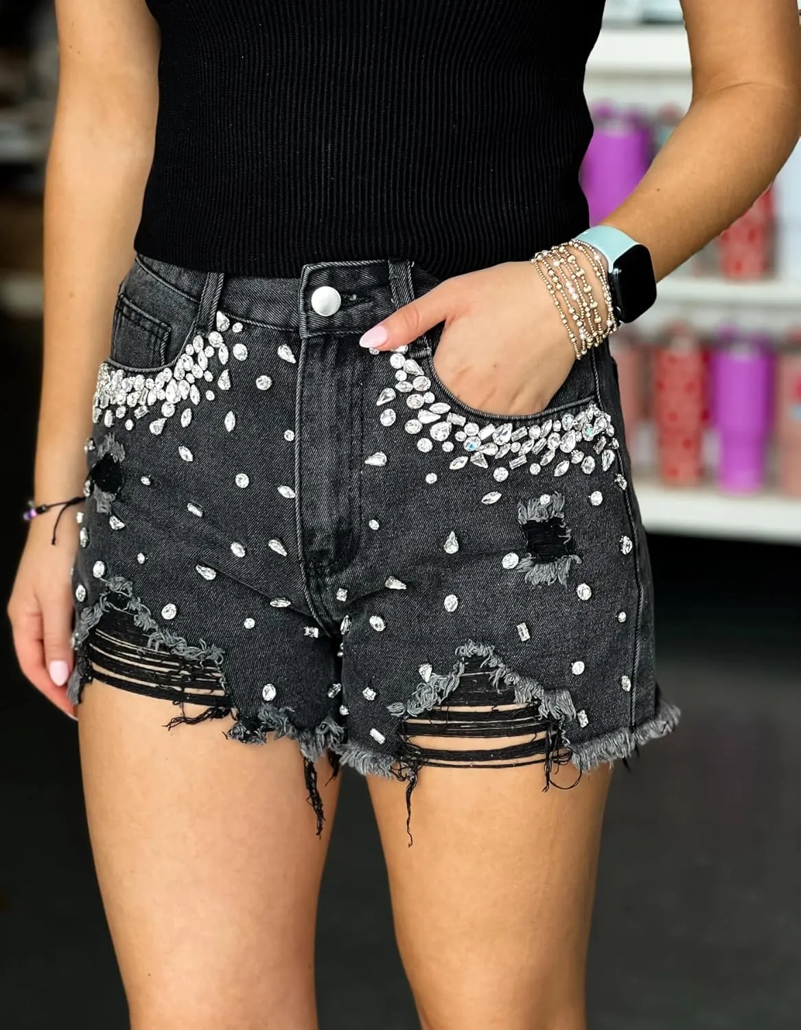 Women's Rhinestone Denim Shorts Summer High Waist Frayed Raw Hem Jeans Shorts