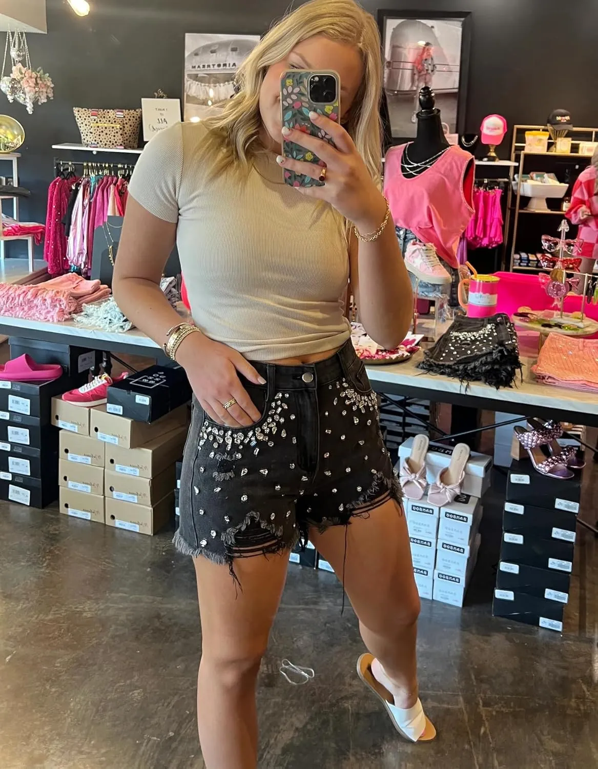 Women's Rhinestone Denim Shorts Summer High Waist Frayed Raw Hem Jeans Shorts