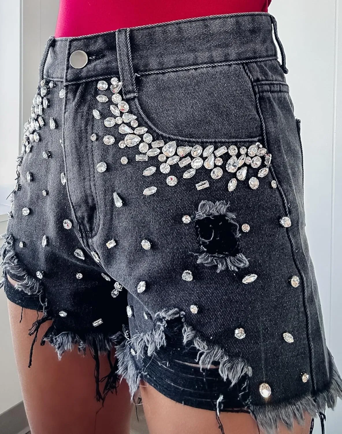 Women's Rhinestone Denim Shorts Summer High Waist Frayed Raw Hem Jeans Shorts