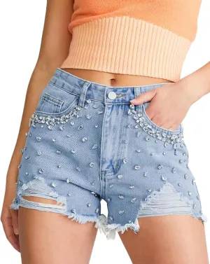 Women's Rhinestone Denim Shorts Summer High Waist Frayed Raw Hem Jeans Shorts