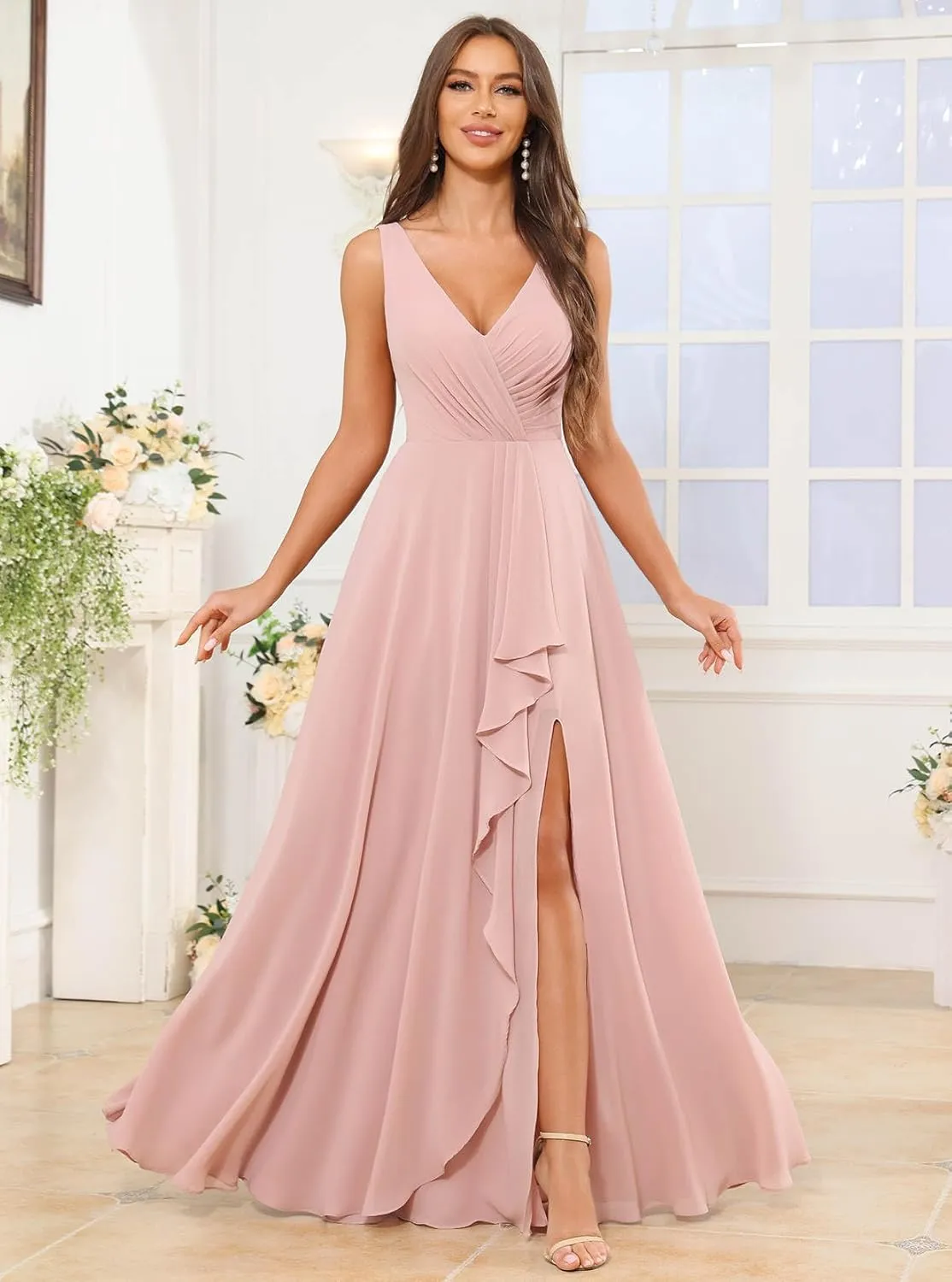 Women's Ruffle Bridesmaid Dresses Long Slit Chiffon Pleated Formal Evening Dress for Wedding