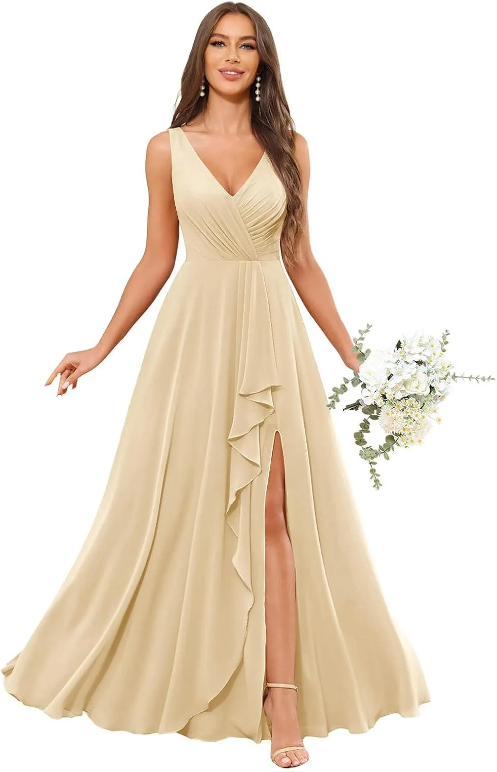 Women's Ruffle Bridesmaid Dresses Long Slit Chiffon Pleated Formal Evening Dress for Wedding