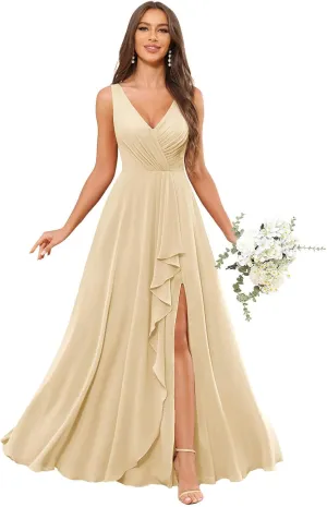 Women's Ruffle Bridesmaid Dresses Long Slit Chiffon Pleated Formal Evening Dress for Wedding