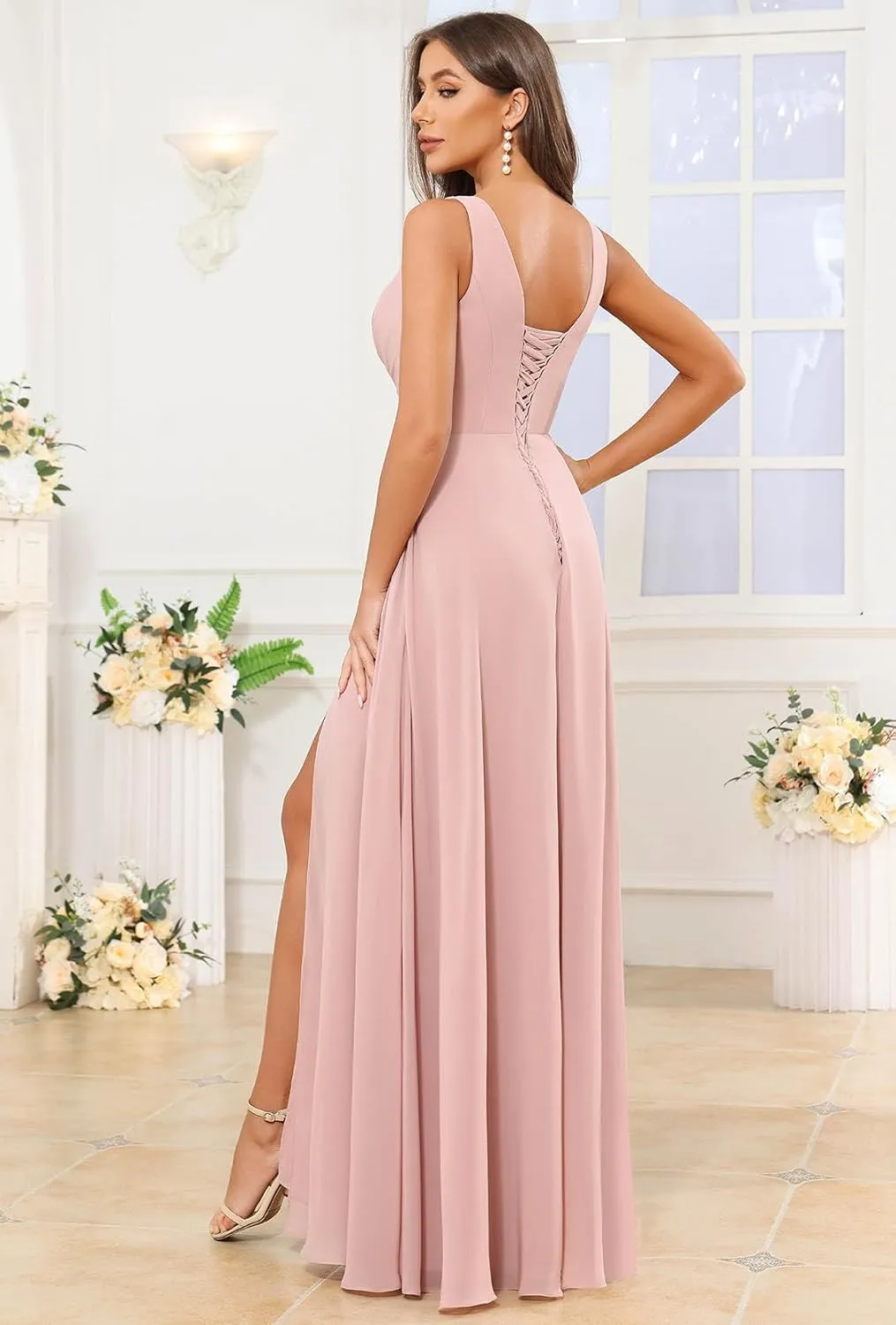 Women's Ruffle Bridesmaid Dresses Long Slit Chiffon Pleated Formal Evening Dress for Wedding