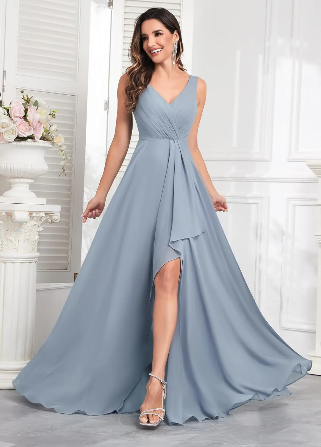 Women's Ruffle Bridesmaid Dresses Long Slit Chiffon Pleated Formal Evening Dress for Wedding