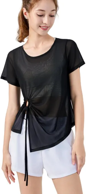 Women's Sheer Workout T-Shirt Loose Fit Adjustable Hem Yoga Top,Quick-Dry Gym Shirt for Running
