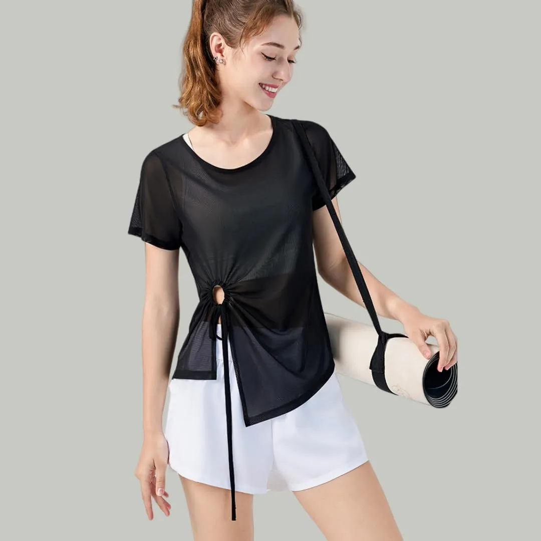 Women's Sheer Workout T-Shirt Loose Fit Adjustable Hem Yoga Top,Quick-Dry Gym Shirt for Running