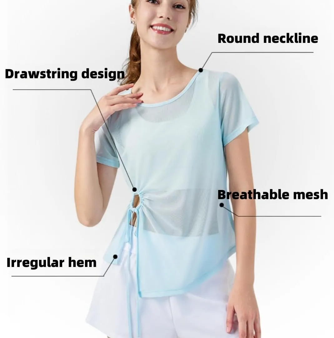 Women's Sheer Workout T-Shirt Loose Fit Adjustable Hem Yoga Top,Quick-Dry Gym Shirt for Running