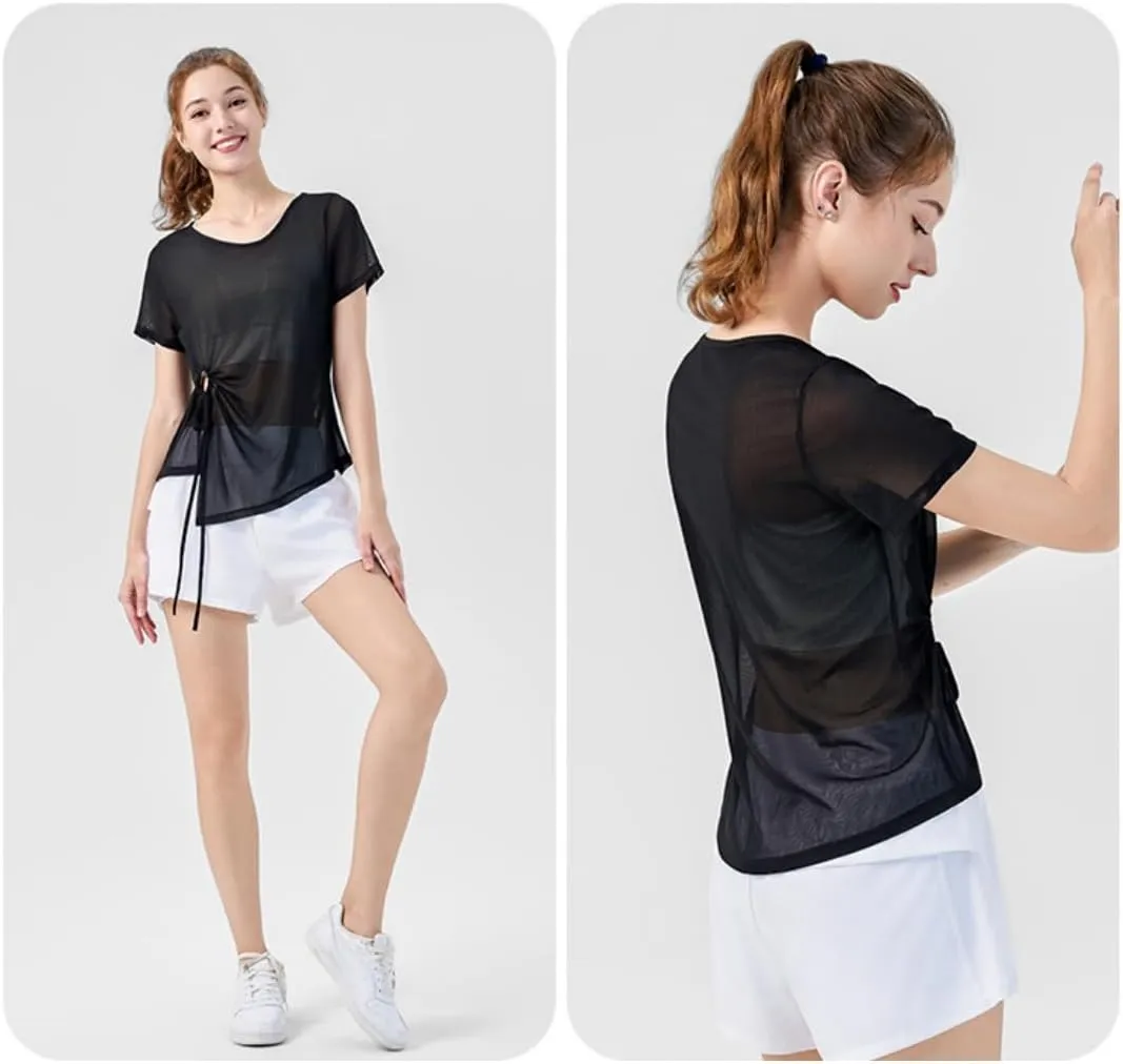 Women's Sheer Workout T-Shirt Loose Fit Adjustable Hem Yoga Top,Quick-Dry Gym Shirt for Running