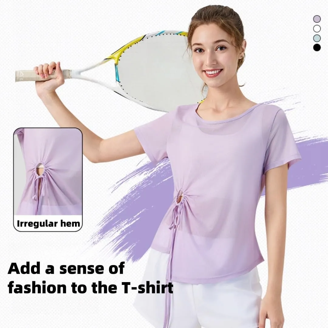 Women's Sheer Workout T-Shirt Loose Fit Adjustable Hem Yoga Top,Quick-Dry Gym Shirt for Running
