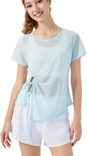 Women's Sheer Workout T-Shirt Loose Fit Adjustable Hem Yoga Top,Quick-Dry Gym Shirt for Running
