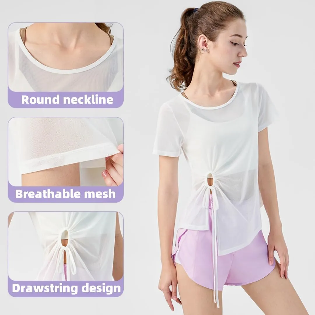 Women's Sheer Workout T-Shirt Loose Fit Adjustable Hem Yoga Top,Quick-Dry Gym Shirt for Running