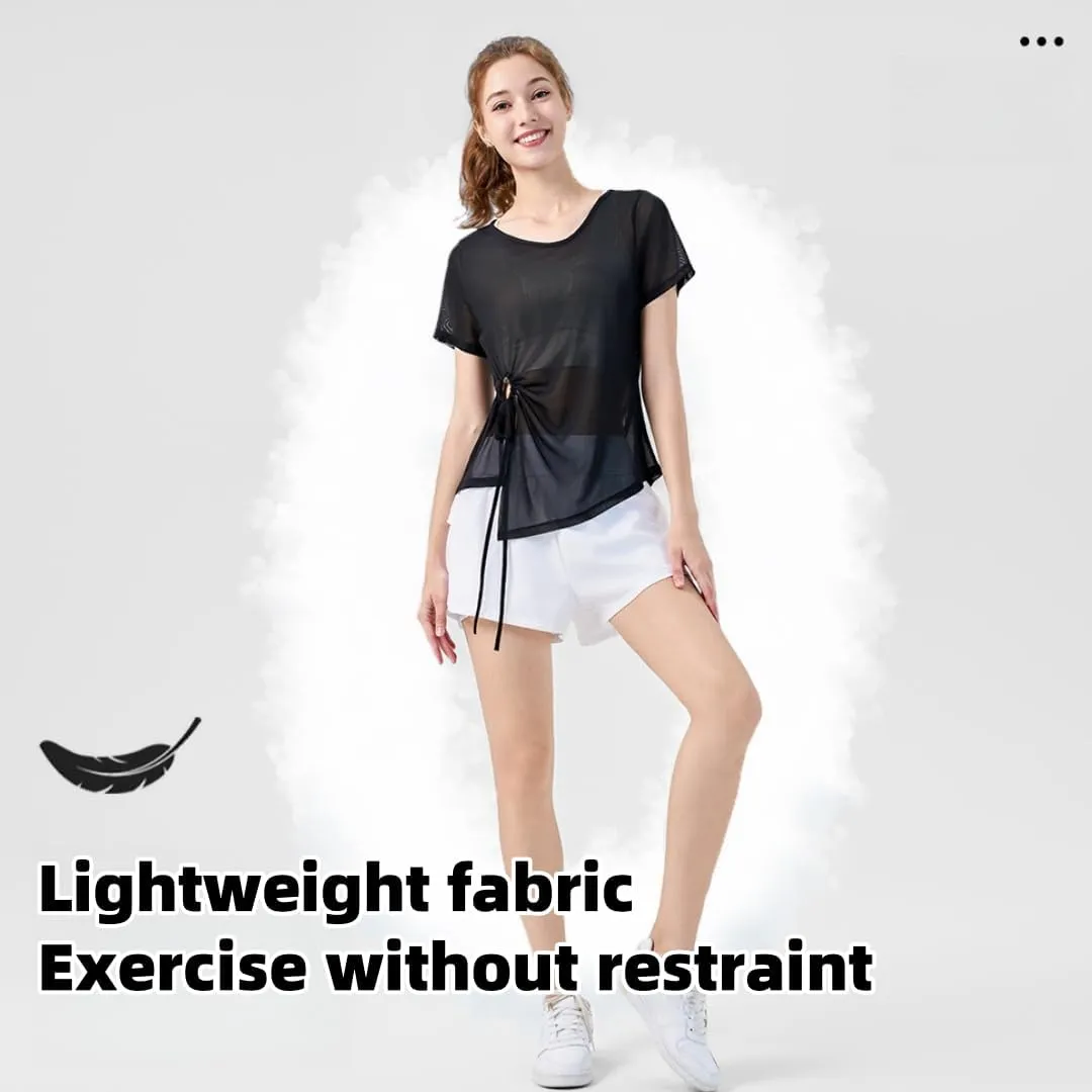 Women's Sheer Workout T-Shirt Loose Fit Adjustable Hem Yoga Top,Quick-Dry Gym Shirt for Running