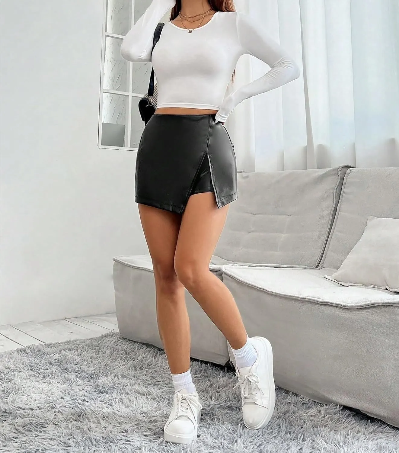 Womens Shorts Asymmetrical Elastic Waist High Waist PU Leather Skort Lounge Shorts
