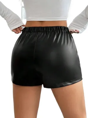Womens Shorts Asymmetrical Elastic Waist High Waist PU Leather Skort Lounge Shorts