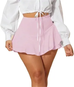 Womens Shorts High Waist Elastic Waist Plain Ruffle Trim Skorts Lounge Shorts