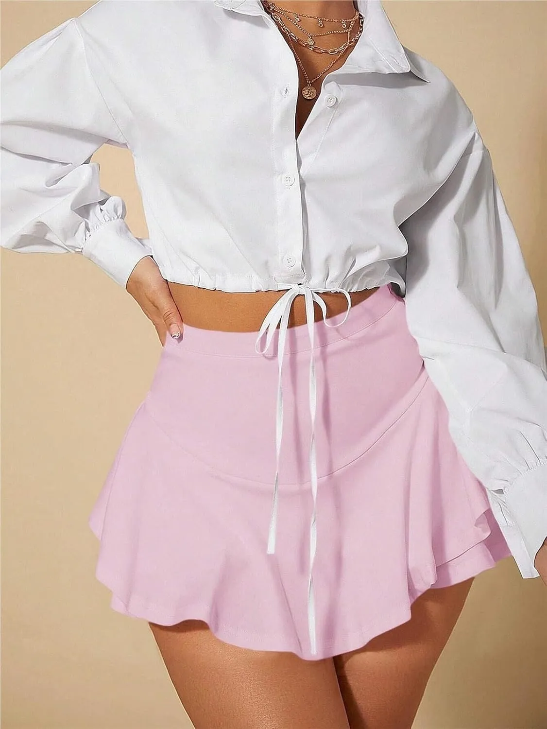 Womens Shorts High Waist Elastic Waist Plain Ruffle Trim Skorts Lounge Shorts