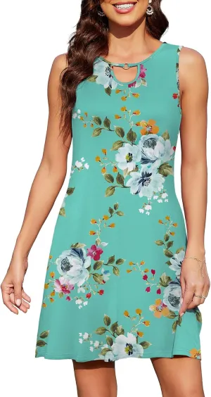 Women's Sleeveless Casual Summer Dresses Keyhole Neck Beach Mini Sundress with Pockets