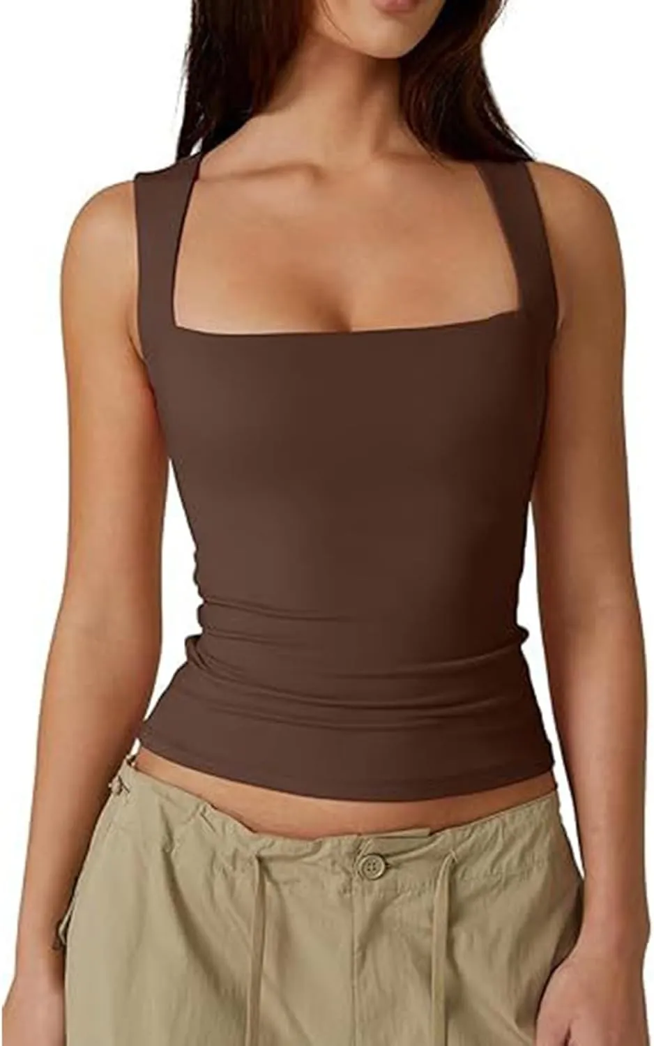 Women's Sleeveless Square Neck T-Shirt Camisole Summer Casual Slim Basic Sleeveless T-Shirt Fashion Cute Outing Tops