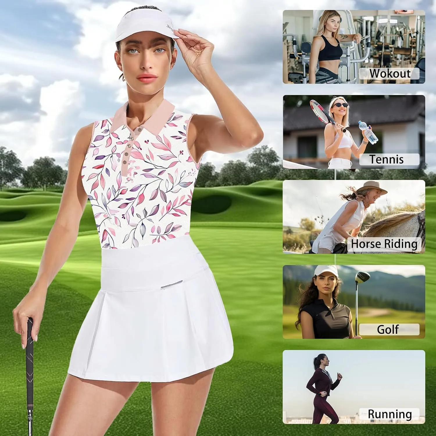 Women's Slim Fit Sleeveless Golf Polo Shirts Hawaiian Floral Moisture Wicking Tennis Tank Top with UPF 50  Protection
