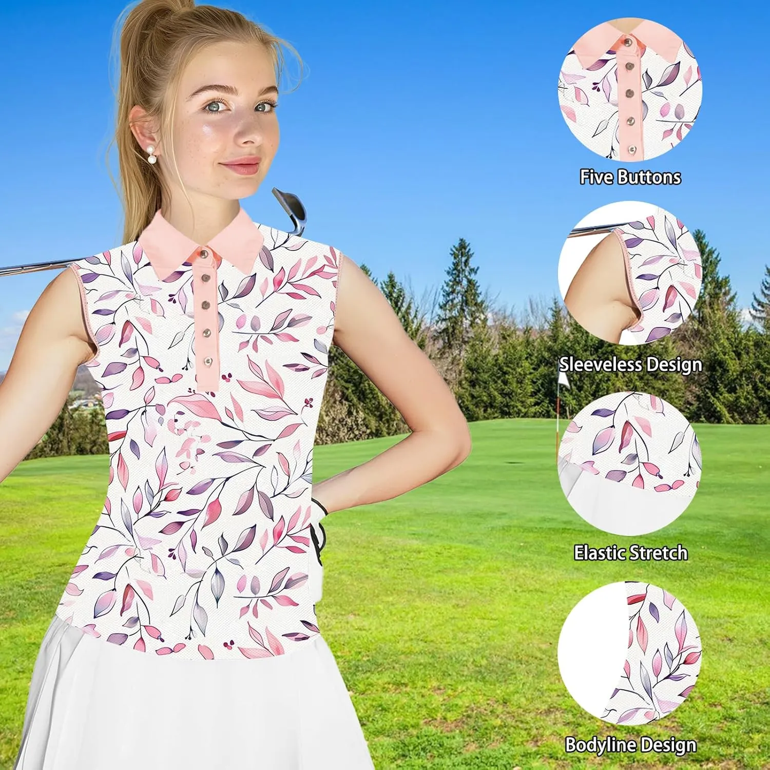 Women's Slim Fit Sleeveless Golf Polo Shirts Hawaiian Floral Moisture Wicking Tennis Tank Top with UPF 50  Protection
