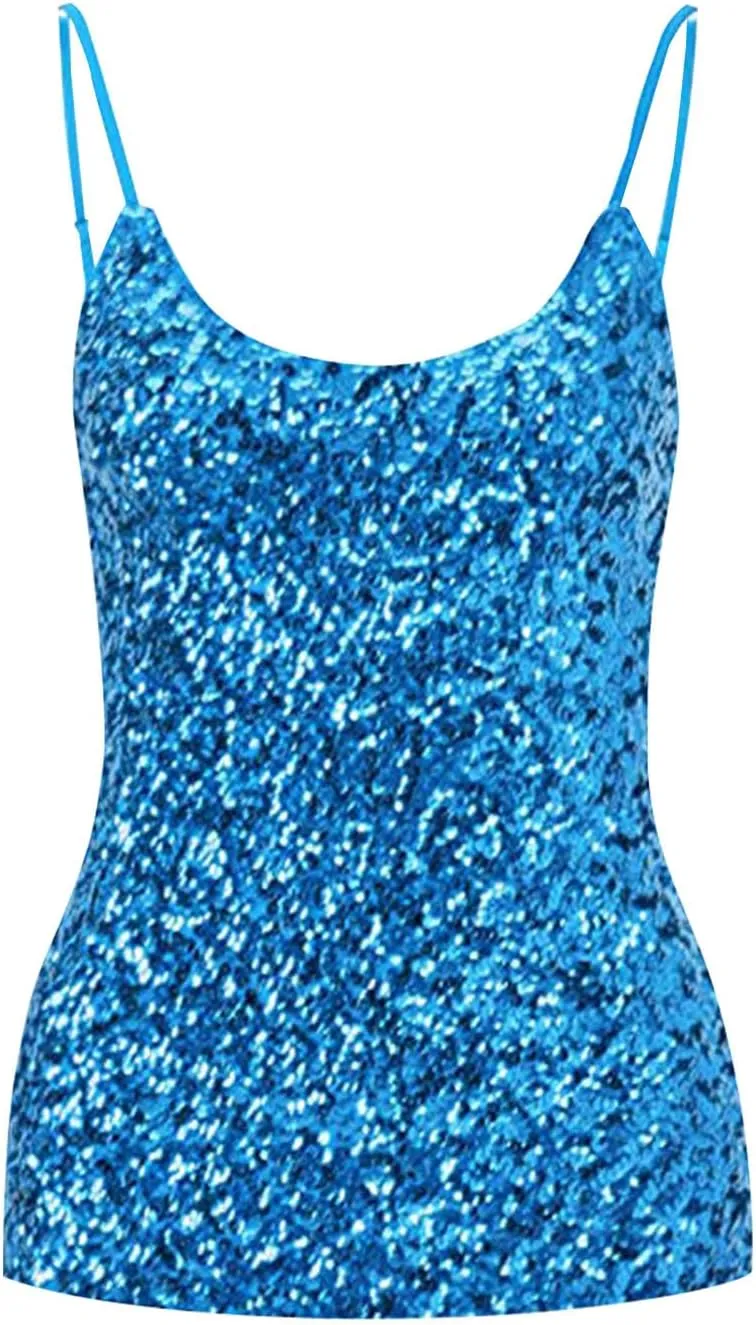 Womens Sparkle Sequin Tank Tops Spaghetti Strap Shining Camisole Vest Glitter Nightclub Disco Sleeveless Clothing