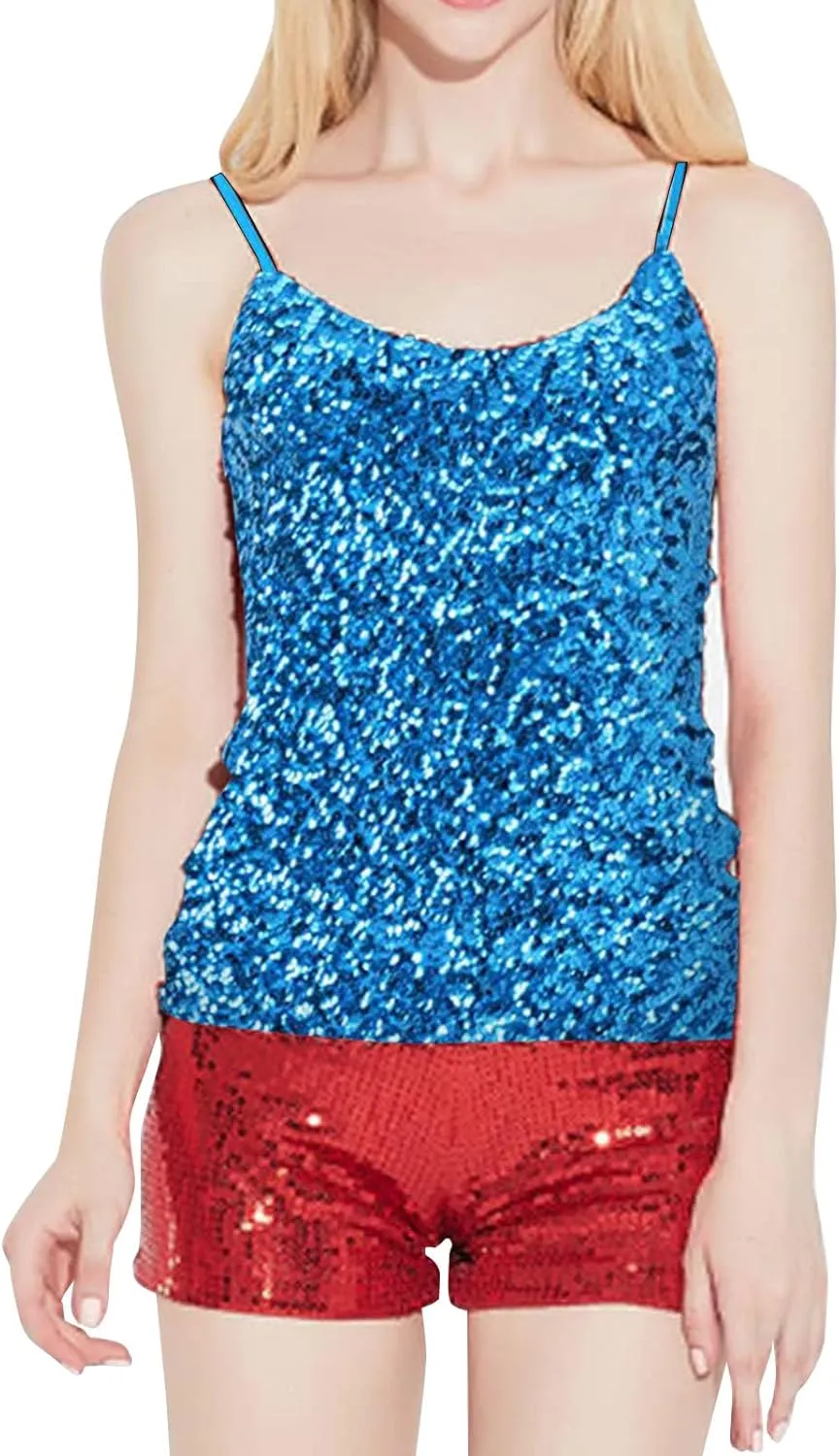 Womens Sparkle Sequin Tank Tops Spaghetti Strap Shining Camisole Vest Glitter Nightclub Disco Sleeveless Clothing