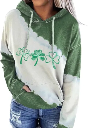 Womens St. Patrick's Day Clover Print Hoodie Casual Long Sleeve Sweatshirt Irish Shamrock Pullover Oversized Shirts Tops