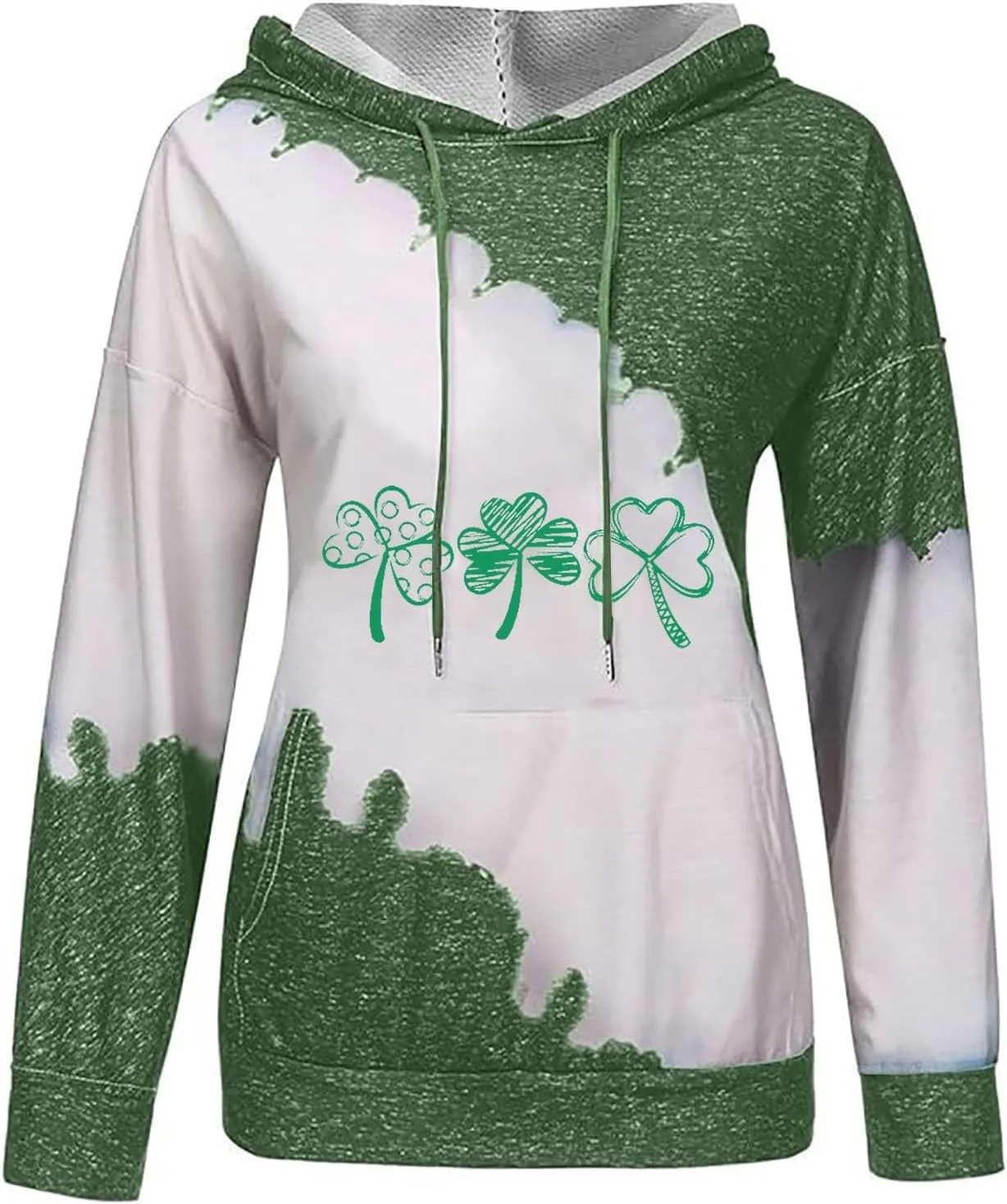 Womens St. Patrick's Day Clover Print Hoodie Casual Long Sleeve Sweatshirt Irish Shamrock Pullover Oversized Shirts Tops
