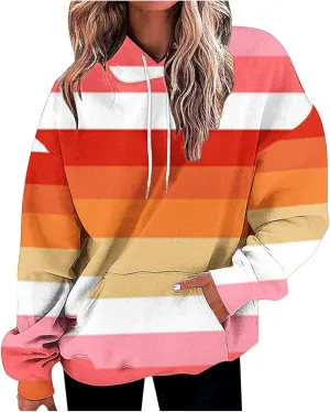 Womens Striped Hoodies Color Block Drawstring Hoodie Oversized Pullover Casual Fall Fashion Loose Fit Sweatshirt