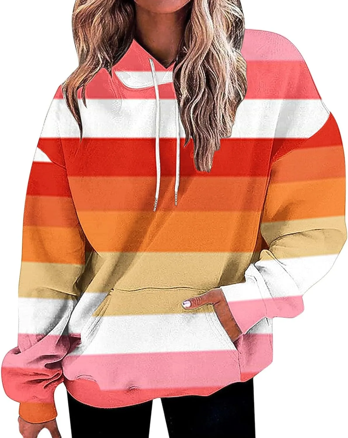 Womens Striped Hoodies Color Block Drawstring Hoodie Oversized Pullover Casual Fall Fashion Loose Fit Sweatshirt