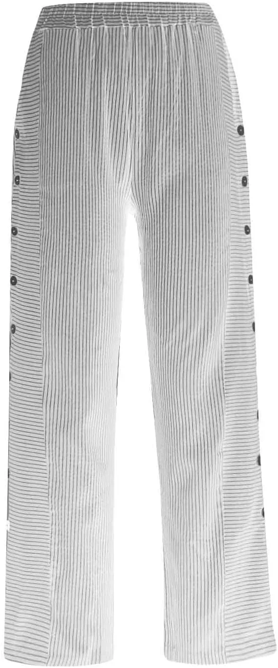 Womens Striped Pants Side Button Elastic Waist Straight Wide Leg Linen Pants Summer Lightweight Baggy Casual Trousers