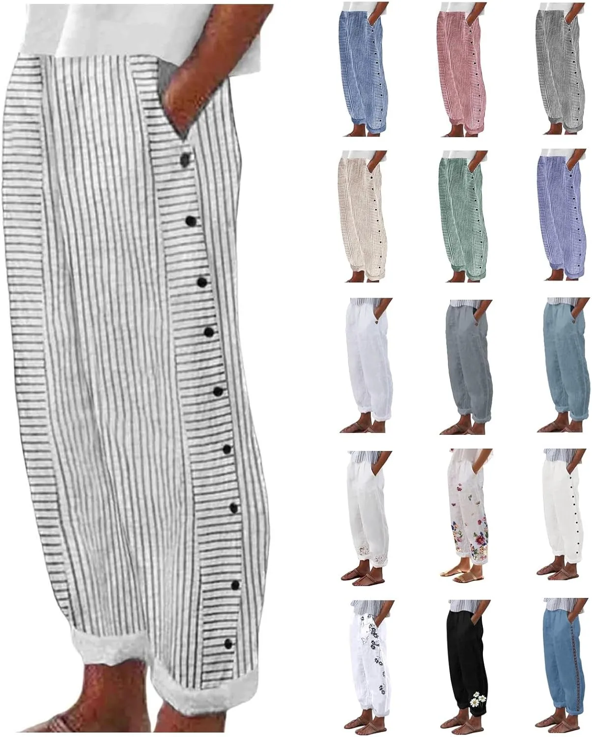 Womens Striped Pants Side Button Elastic Waist Straight Wide Leg Linen Pants Summer Lightweight Baggy Casual Trousers