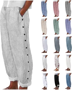 Womens Striped Pants Side Button Elastic Waist Straight Wide Leg Linen Pants Summer Lightweight Baggy Casual Trousers