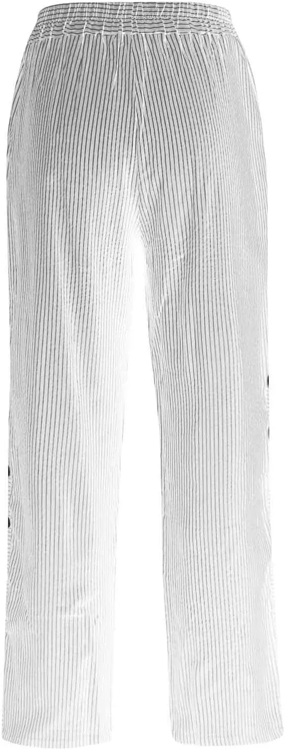 Womens Striped Pants Side Button Elastic Waist Straight Wide Leg Linen Pants Summer Lightweight Baggy Casual Trousers